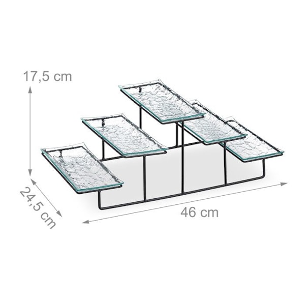 Relaxdays Tårtfat, 3 nivåer, 5 servisfat i glas, järn, 17,5 x 46 x 24,5 cm, transparent/svart transparent, svart