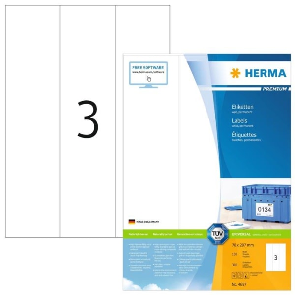 Skrivarpapper - förpackning - rulle Herma - 4657 - Etiketter 70 x 297 Premium A4 300 st Vit