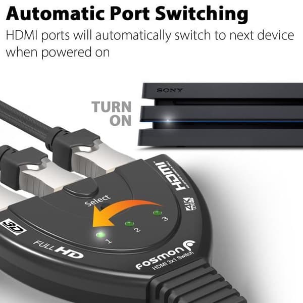 Fosmon Automatisk HDMI-switch 4k - Switch 3 Ingångar 1 Utgång - HDMI-switch - UHD HDR 3D 1080p HDCP