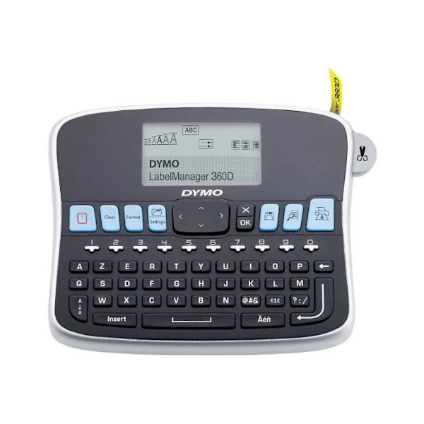 DYMO LabelManager 360D Elektronisk etikettmaskin QWERTY-tangentbord + 1 19mm svart/vit tejp + litiumjonbatteri + nätladdare Svart, Silver