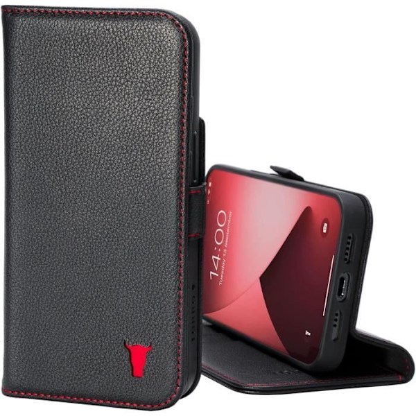 Coque i läder - TORRO - iPhone 13 Mini - Äkta läder - Inbyggd ställning - Kortfack Svart med röda detaljer