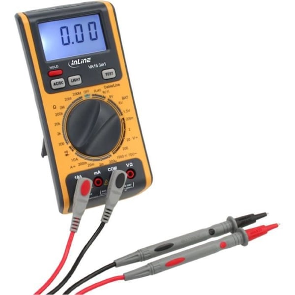 InLine® 3-i-1 multimeter, med RJ45 / RJ11, kabel och batteritestare