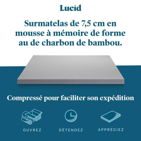 Lucid - LU75901930BT-EU - 7,5 cm Memory Foam Madrass Topper med Bamboo Charcoal - Madrass Topper 90 x 190 cm