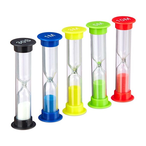 Relaxdays Hourglasses Set med 5 för barn, tandborstningstimer, tetimer, x 5 sandklockor, flerfärgad vit, röd, grön