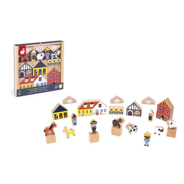 Set med 34 träblock Tema Landsbygd