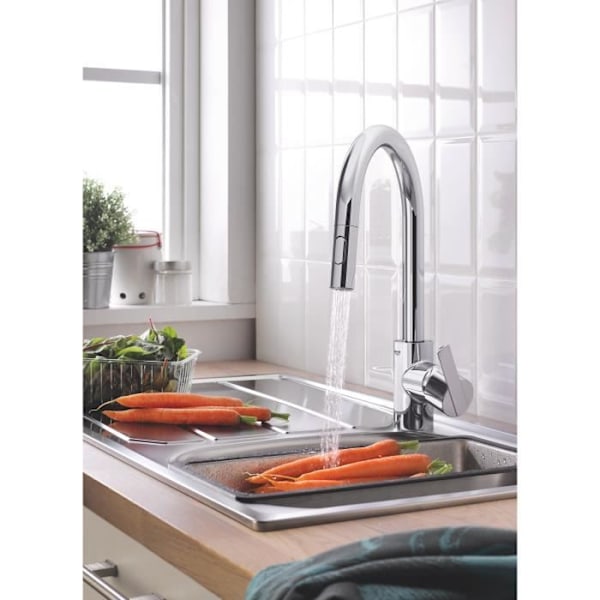 GROHE Feel diskbänkskran, utdragbar spray, 360° rotation, U-pip, 2-jet-avledare, köksblandare 31486001 Krom