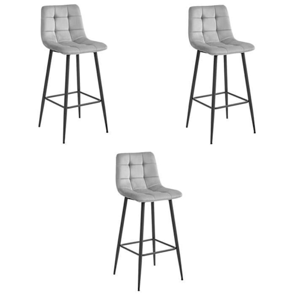 Barstolar - Madame Meuble - Set med 3 - Sittdynor i sammet - Metallben - Ljusgrå Säte i silvergrå sammet, ben i svar