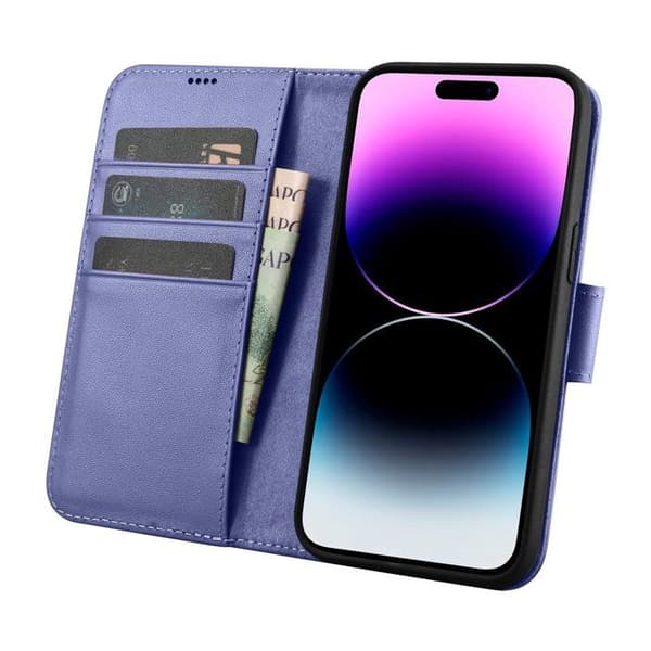 Ljust lila 2-i-1 plånboksfodral i läder för iPhone 14 Pro Max, RFID-skydd.