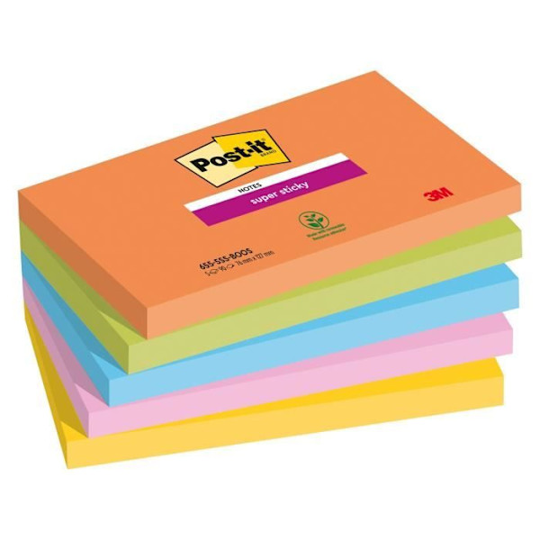 Post-it Super Sticky - Boost - 76 x 127 mm - Paket med 5 - 90 ark - 5 blandade färger orange vital