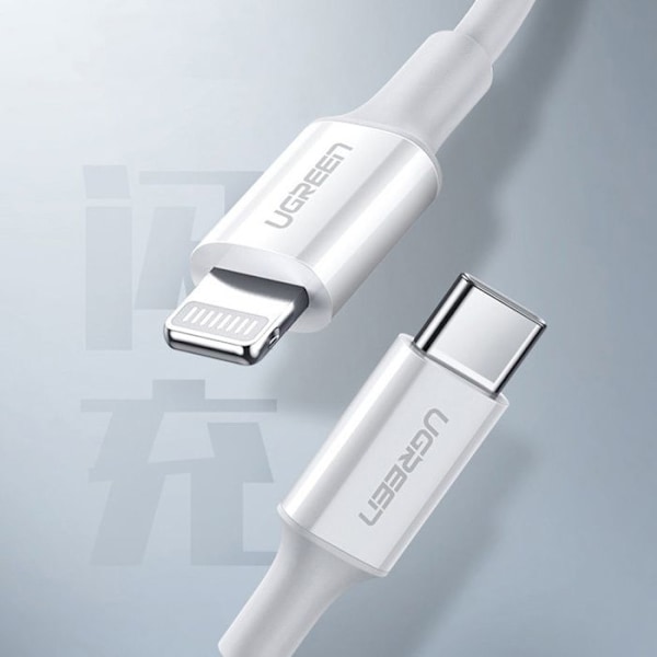 USB-C till Lightning MFi-kabel, 3A, 2m - Ugrön - Vit