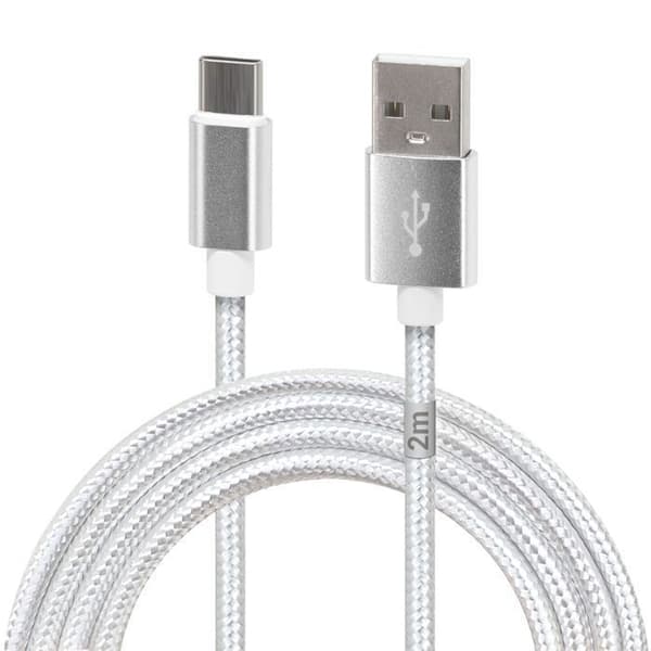 USB-C till USB-A-kabel Waytex 2 m - Vit flätad nylon, Laddning 20W, Överföring 480 Mbps Vit