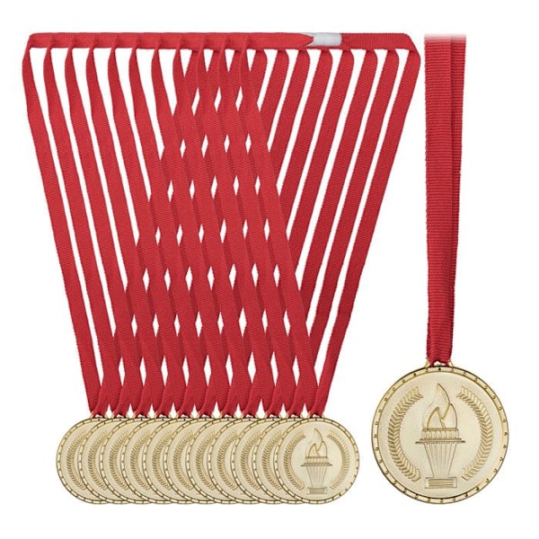 Guldmedaljer - Relaxdays - Sats om 12 - 5 cm Ø - Blå-vit-röd band - Guldplast gyllene, röda
