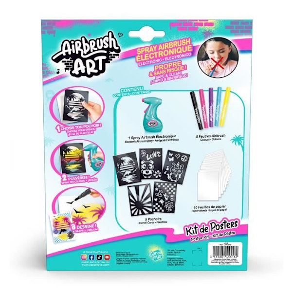 Canal Toys - Airbrush Art - Poster Creation Kit med elektronisk spray, schabloner och markörer - AIR 015 Rosa, lila, blå, gul, svart