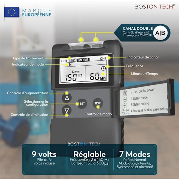 Digital muskelstimulator - BOSTON TECH - ME-89 Plus - TENS och EMS - 8 elektroder - LCD-skärm Svart