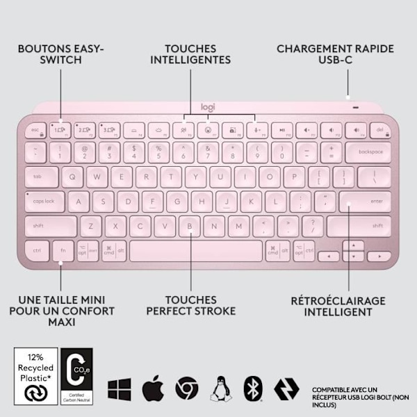 Tangentbord - Trådlöst - Logitech - MX Keys Mini - bakgrundsbelyst - AZERTY - Rosa