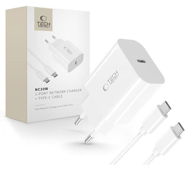 Laddare - Tech-Protect NC20W - 20W -USB Type-C - Snabbladdning - Avancerat skydd Vit