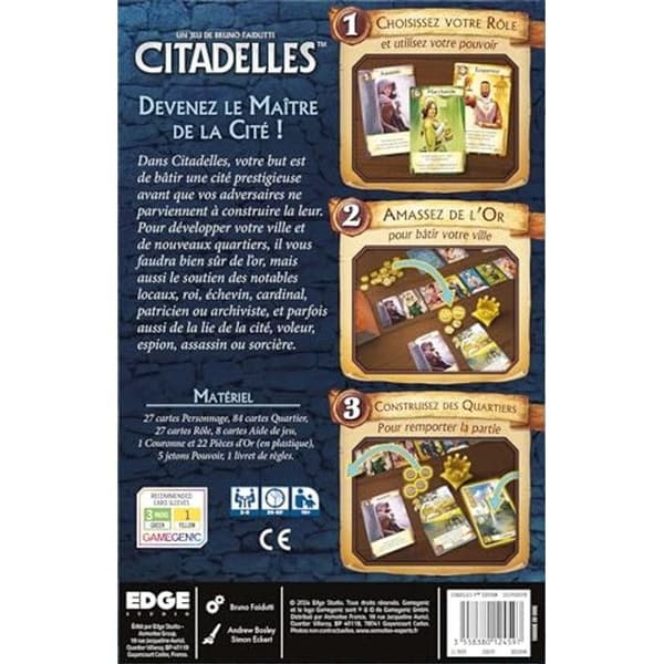 Asmodee Citadelles - 4:e upplagan, bluff- och strategispel (2-7 spelare, 10+, 30 min) blå/beige/brun