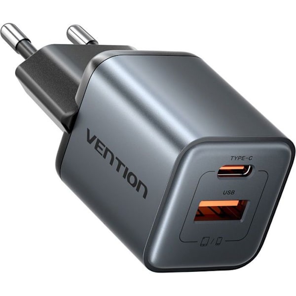 Vention 2-Port USB (C A) GaN-laddare (30W/18W) EU-plugg grå
