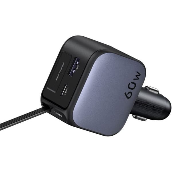 Bil laddare - UGREEN - 60W - USB-A + USB-C - Nedfällbar version - Svart Svart