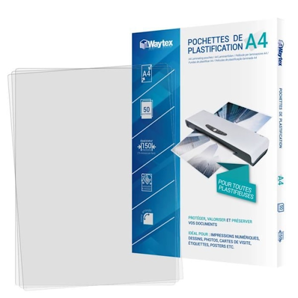 WAYTEX Pack 50 A4 75 mikron lamineringsark transparent blank finish