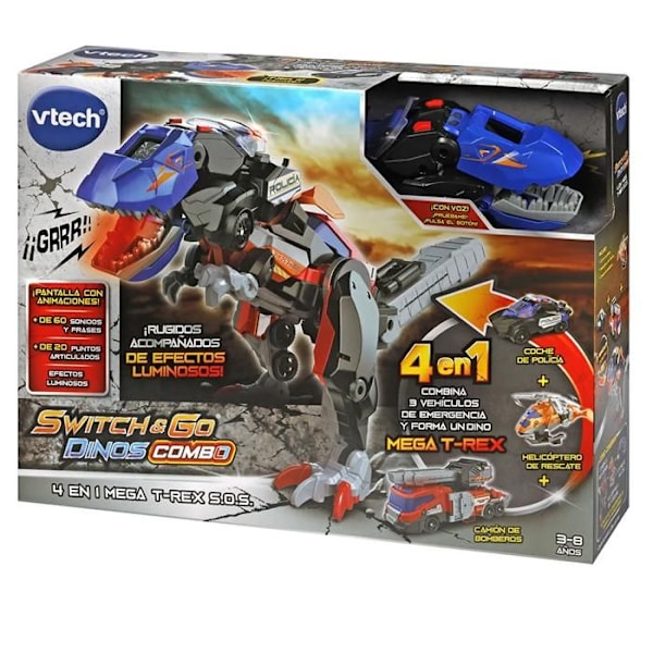 4-i-1 Mega T-Rex Legetøj - VTech - Redningskøretøjer - Lyd-effekter - LED - 3 år og op Flerfärgad
