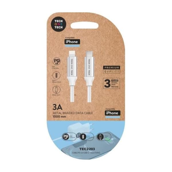 USB Typ-C Lightning-kabel Tech One Tech TEC2203 - Lightning-hane - USB Typ-C hane - Upp till 20W - 480Mbps - 1m - Vit