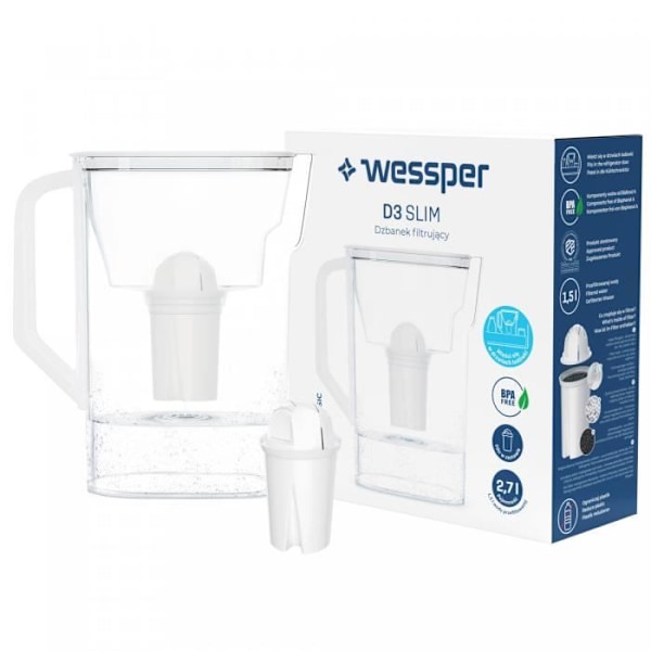 FILTERKANNA FÖR WESSPER D3 SLIM AQUACLASSIC KYLSKÅL VIT +1 AQUACLASSIC FILTERPASSAT | 2,7 LITER KAPACITET Vit