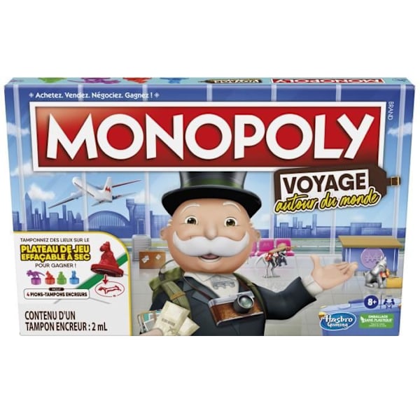 Monopolymatchen runt om i världen, sällskapsspel, från 8 år, med stämplande pjäser och en torrtavla. Flerfärgad