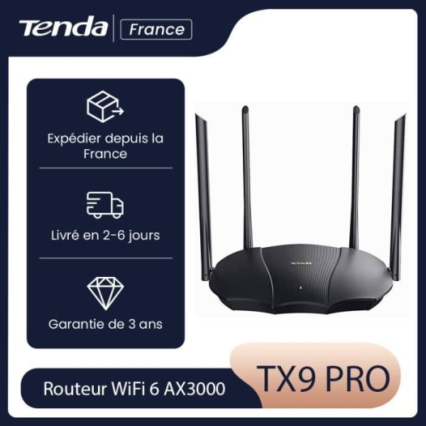 TENDA AX3000 Dual Band WiFi 6 Router, 1,6 GHz Dual Core CPU, OFDMA+MU-MIMO, Fjärrkontroll, Föräldrakontroll, TX9 pro