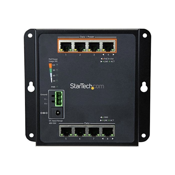 STARTECH Managed 8-Port RJ45 Gigabit Ethernet Switch (4 PoE+) - Väggmonterad industriell nätverksswitch - Nätverksswitch Svart