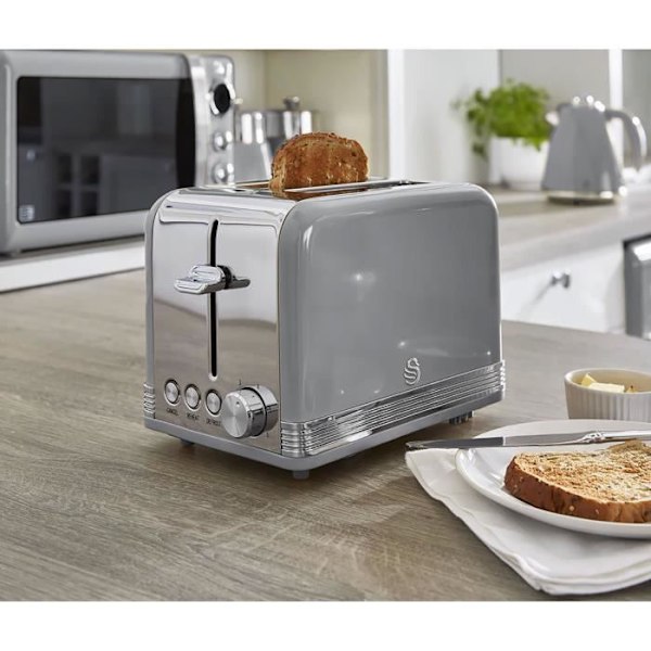 Retro frukostset - SWAN - 1,8 l vattenkokare, 2-skivors brödrost, 20 l mikrovågsugn - grå Grå