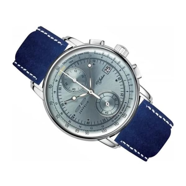 Herrklocka - ZEPPELIN - 100 år - Stål 43mm - Blå läder - Quartz kronograf Silver