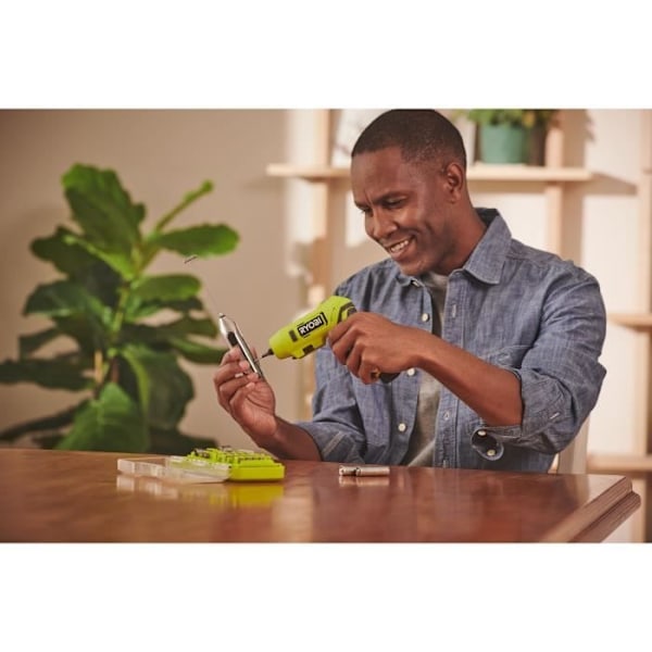 Skruvdragare 4V - RYOBI - RSDP4-120G - 5 Nm - 1 hastighet - LED - Snabbt vrid - USB-C - Batteri 2,0 Ah - 2 bitar Grön / Träkol