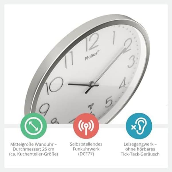 Väggklocka - Mebus - TinyTime - Radiostyrd - Tyst - 25 cm Silver, Vit