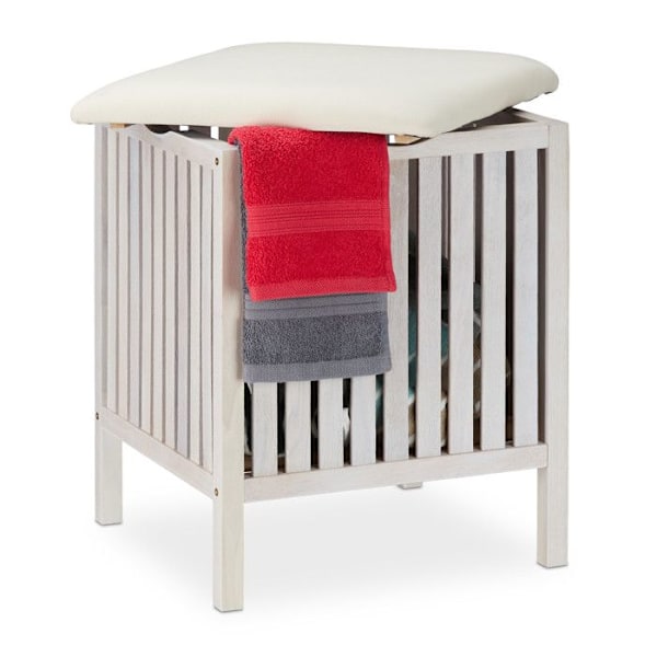 Relaxdays Tvättkorg med sits, Badrumsstubbe, rustik stil, 40l, trä/tyg, 53 x 41 x 41 cm, vit Vit