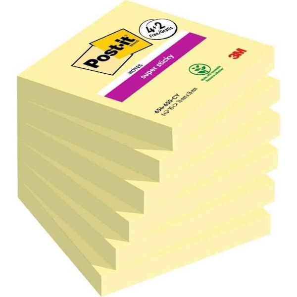 Självhäftande anteckningsblock - POST-IT - Super Sticky Notes - 76 x 76 mm - Gul - 90 ark per block Gul