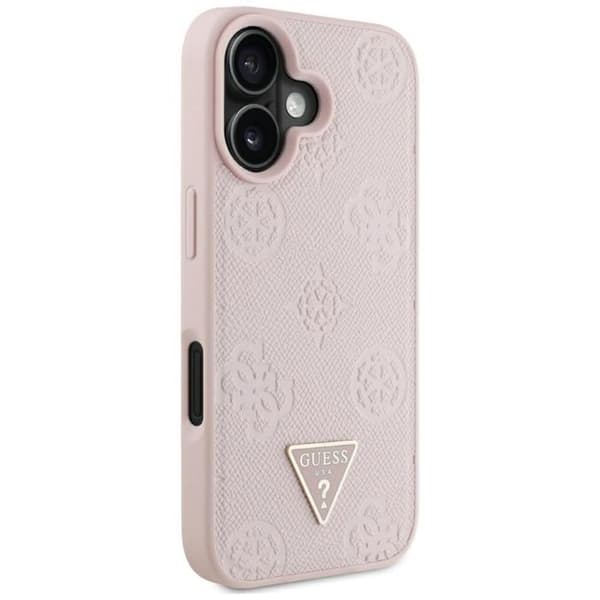 Coque Guess Grained Hot Stamp Peony Triangle Logo MagSafe för iPhone 16 (rosa)