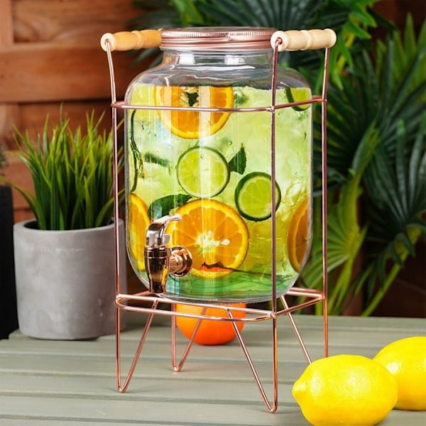 Dryckesdistributör - VILDE - 4,2 L - Tjockt glas - Guldkran - Insektskyddande lock Eller rosa, Transparent