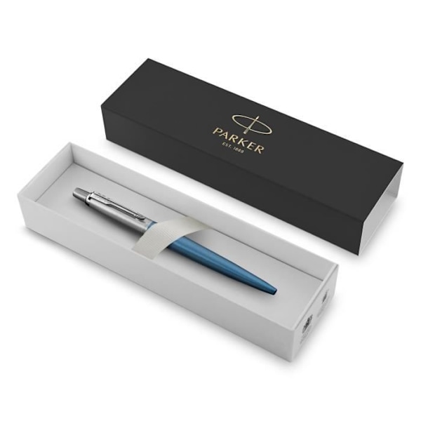 PARKER Jotter kulspetspenna, Waterloo blå, kromkant, Medium Point blå refill, Presentförpackning Waterloo blått fodral