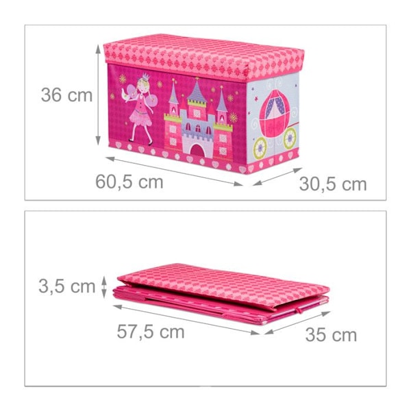Relaxdays Taburett Leklåda leksaksbox med lock puff barn hopfällbar prinsessa förvaring flicka 50L, rosa varm rosa, rosa