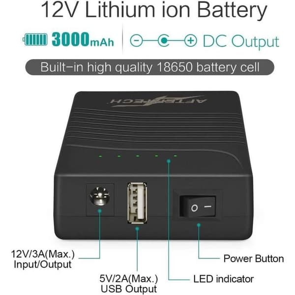 AFTERTECH Mini UPS Power Bank Pack Lithiumbatteri Li-ION 12V 3000mAh 36Wh USB-utgång D4E2