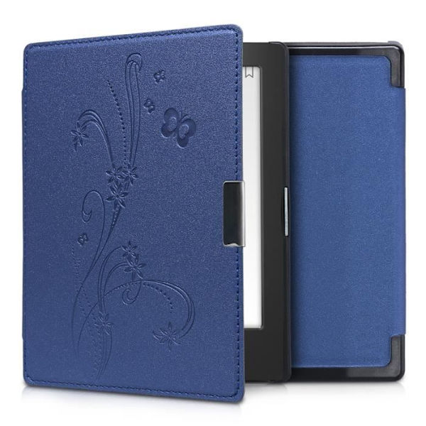 kwmobile eReader-fodral Kompatibel med Kobo Aura Edition 1 - Magnetiskt flipskydd i konstläder - Fjärilar och blommor Blå F