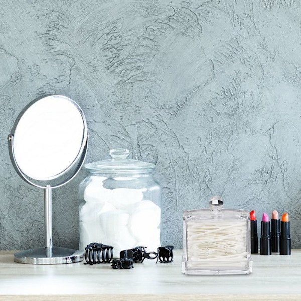 Relaxdays Distributör av bomullspinnar, akryl, liten box med lock, förvaring, badrum, sminkbord, transparent transparent