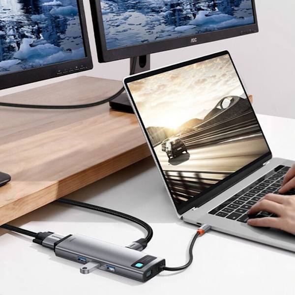 9 i 1 USB C HUB-adapter - Baseus - 4K HDMI - 3 USB 3.0-portar - 100W snabbladdning - Grå