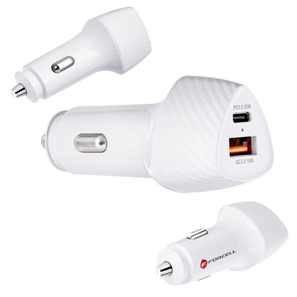 Laddare Bil 38W Forcell, Dubbel USB-port + USB-C, Snabb laddning PD 3.0 & QC 3.0, kompakt, Universell Vit