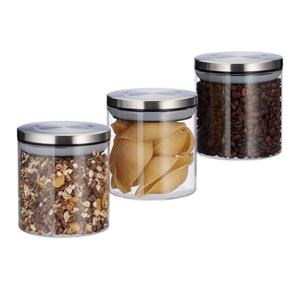 Relaxdays Förvaringsburkar set om 3, 380 ml, vattentätt, rostfritt stållock, Kryddor, ris och te, Köksbehållare transparent, silver