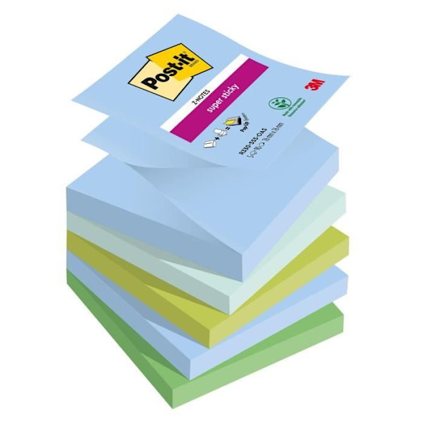 Självhäftande anteckningar - Post-it - Z-Notes Oasis-färger - 76 x 76 mm - Paket med 10 - Super Sticky Blandad