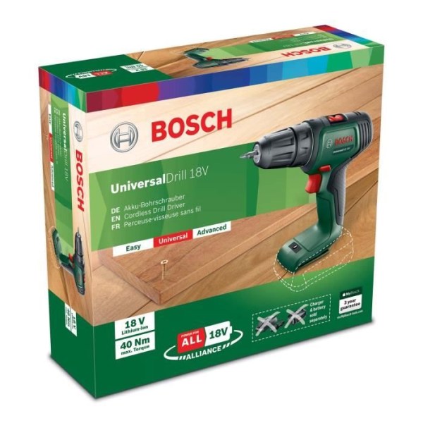 Bosch UniversalDrill 18 V sladdlös borrskruvdragare (verktyget levereras ensamt i en kartong) - PowerForAll