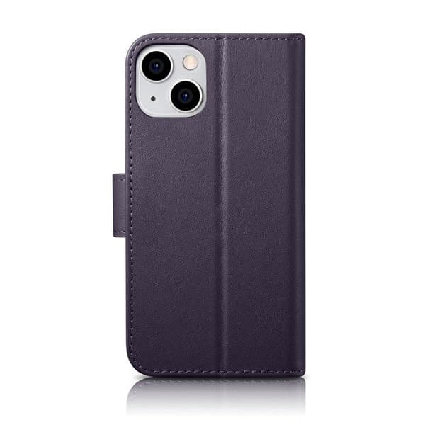 Mörklila 2-i-1 plånboksfodral i läder för iPhone 14 Plus, med RFID-skydd.