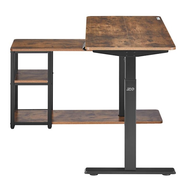 Ergo Office elektriskt lyftbord, max höjd 121cm, med bänkskiva och hyllor, för stående och sittande, rustikt brunt, ER-450. rustik brun, svart